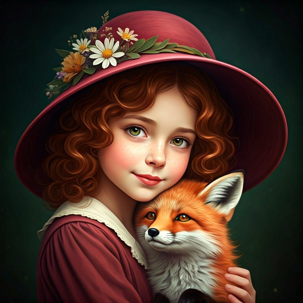 Photorealistic Portrait of a Girl with a Fox in a Delicate, ...
