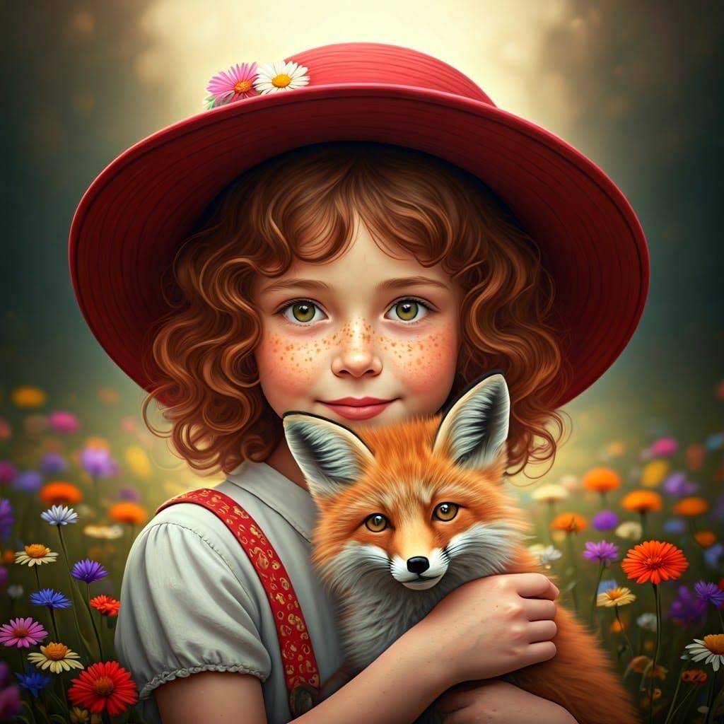 Whimsical Portrait of a Shy Girl and Her Adorable Fox Compan...