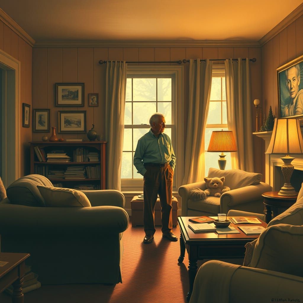 Nostalgic Father in Cozy Living Room, Golden Light