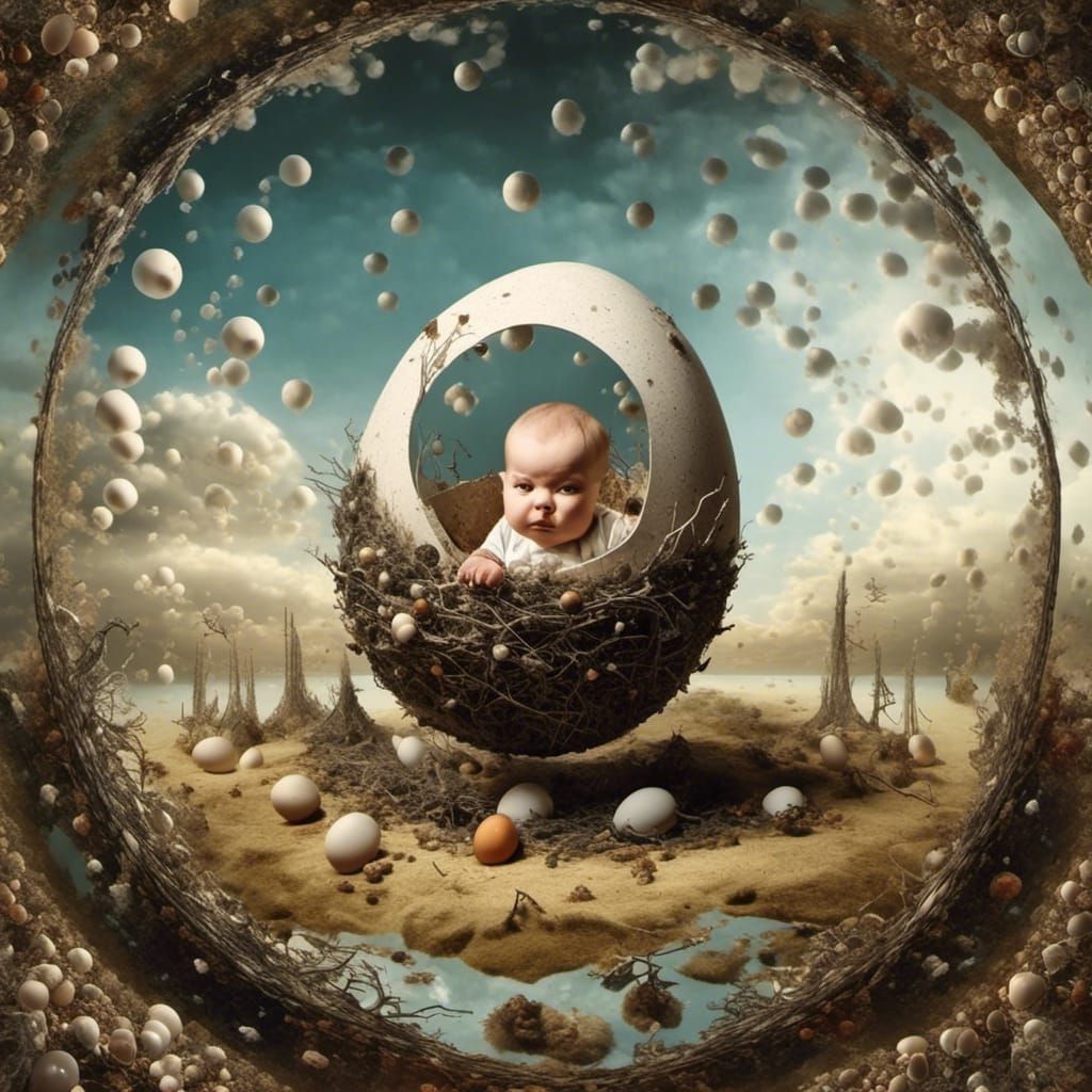 Scary Baby Hatching in Chromatic Surrealism