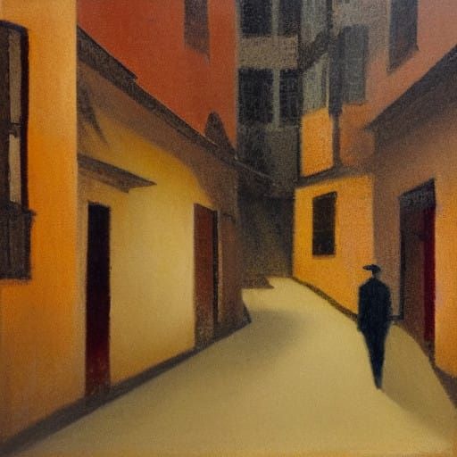 Rustic Stick-Man Walks Down Alley in Warm Red and Yellow Hue...