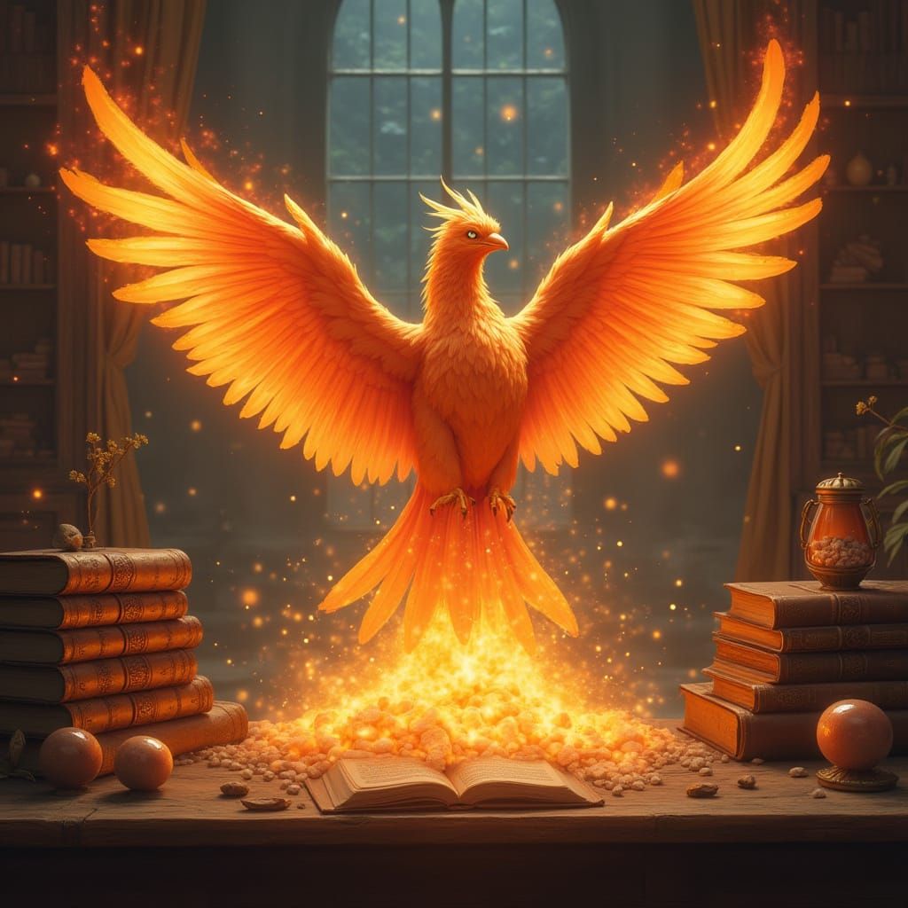 Fiery Phoenix Rises from Wizard's Desk