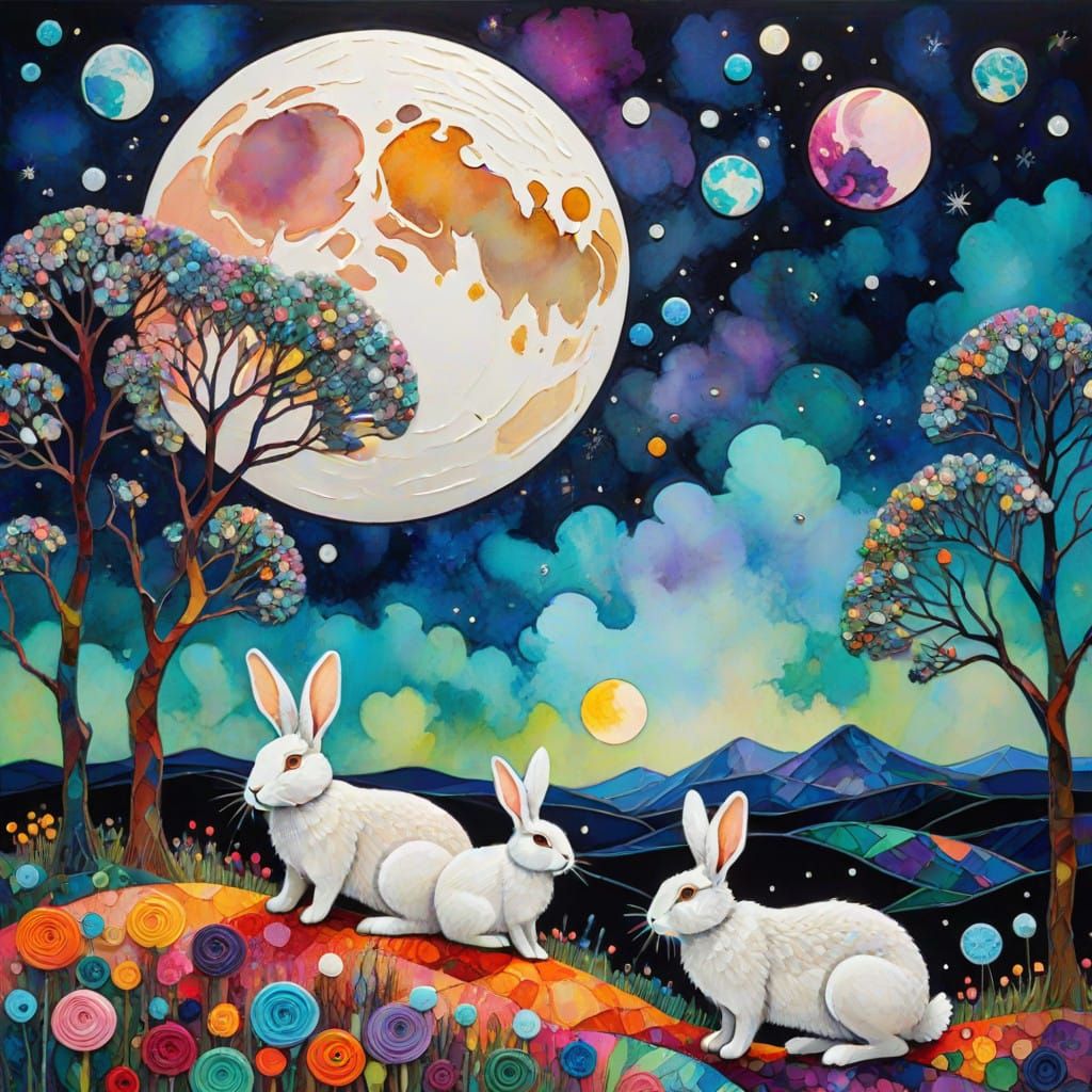 Rabbits Dancing Under a Vibrant Full Moon
