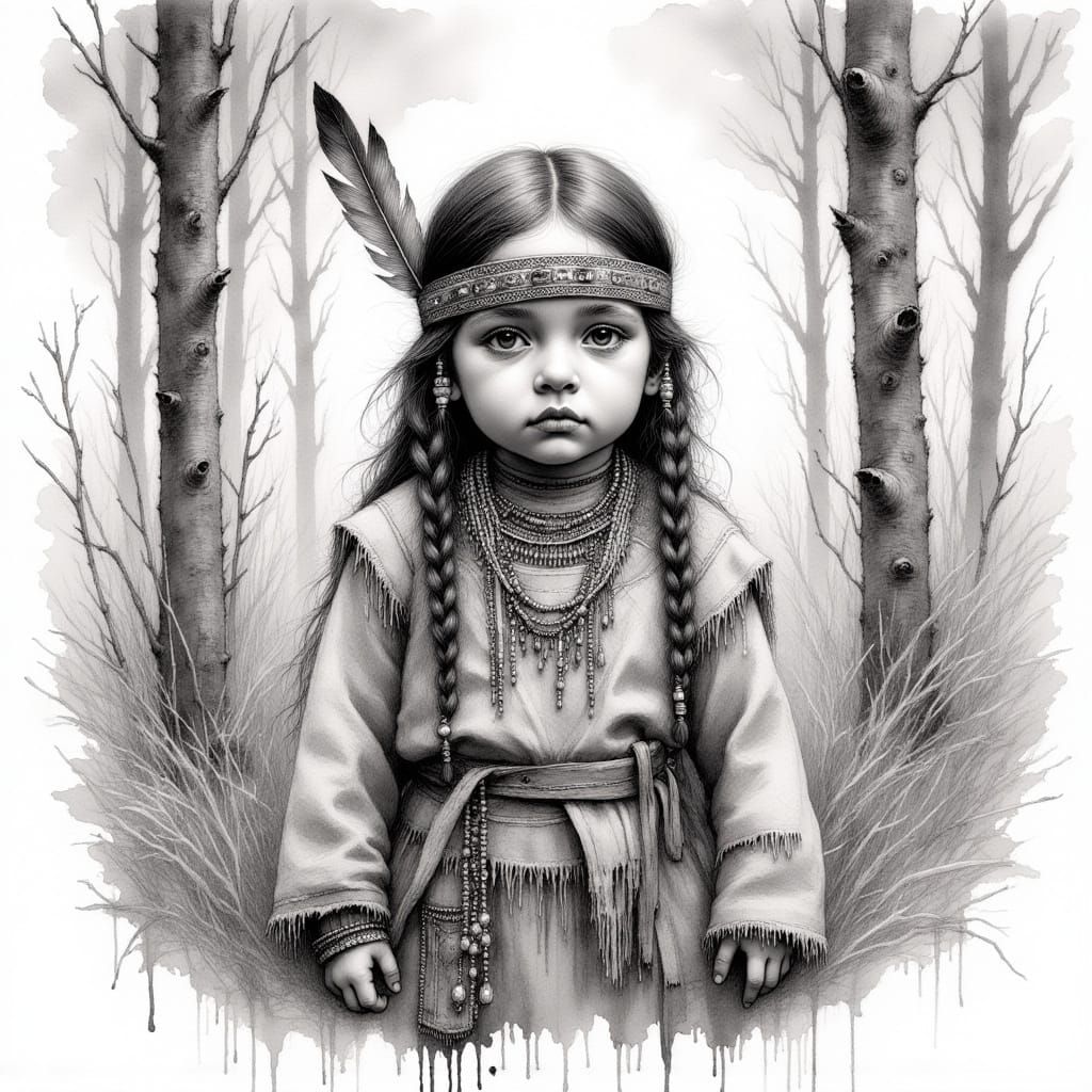 American Indian Child in Traditional Dress, Pencil Sketch