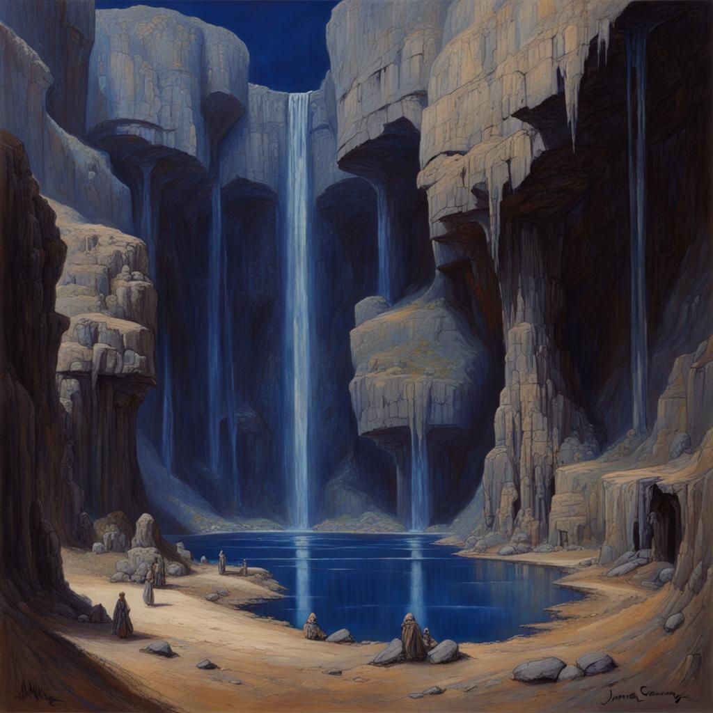 Arid Blue Land with Caves: Oil Painting
