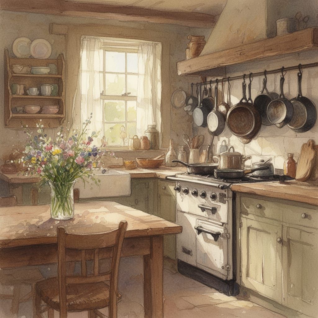 Rustic Country Kitchen in Expressive Watercolor Style
