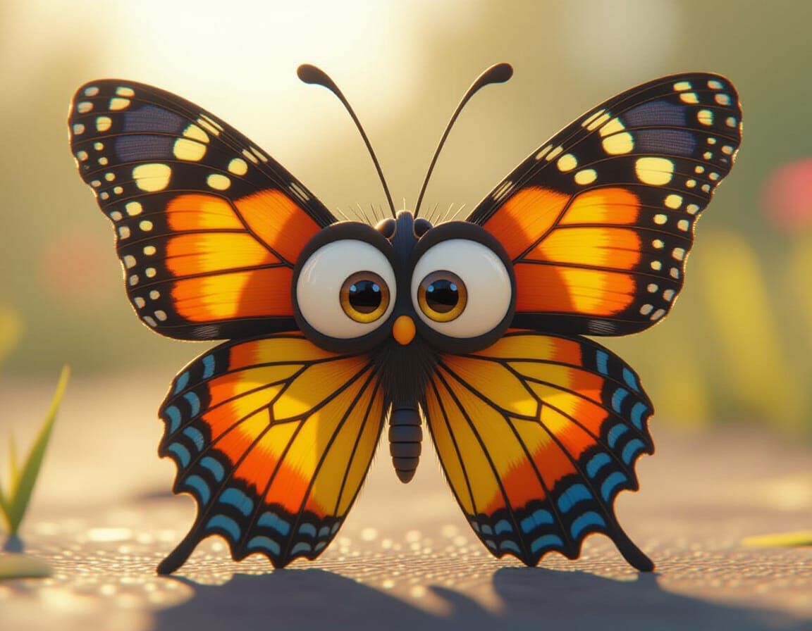 Confused Butterfly Close-Up in Pixar Style