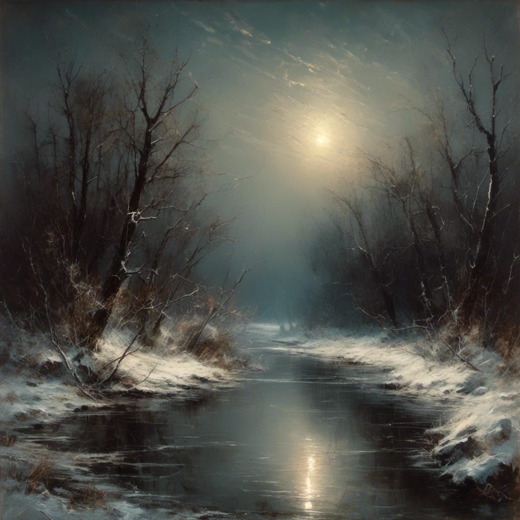 Mysterious Winter Riverscape at Night