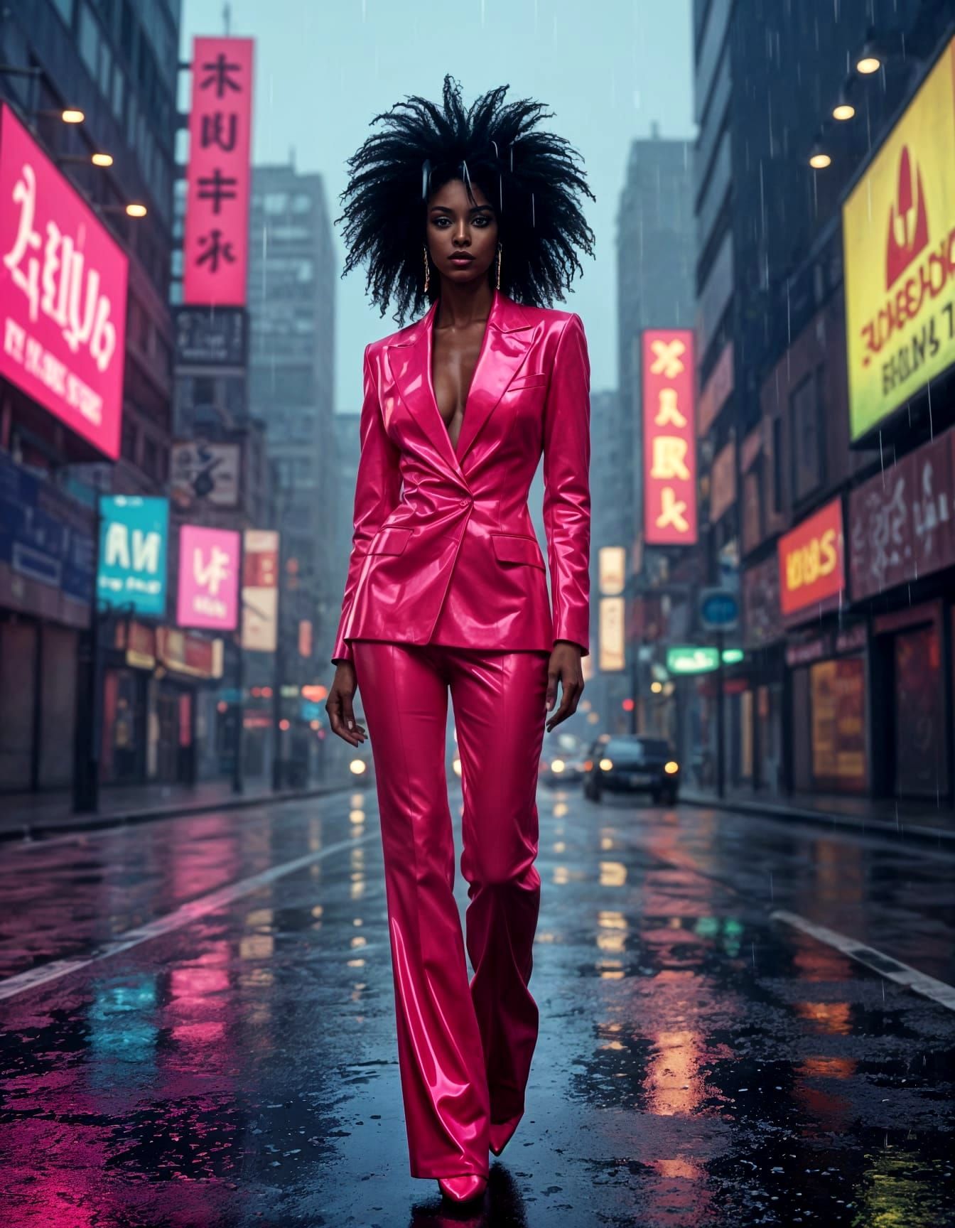Ebony Supermodel in Neon Pink Power Suit