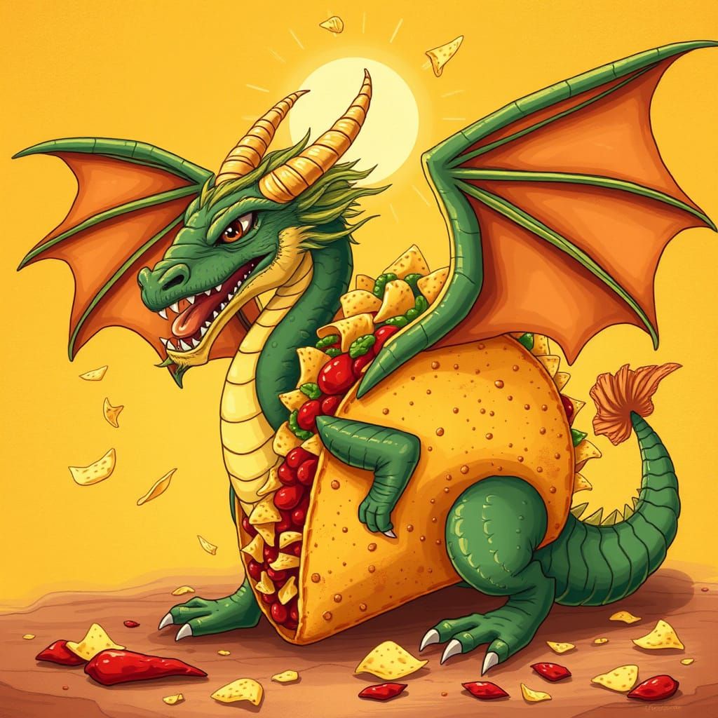 Majestic Taco Dragon in Whimsical Illustration Style