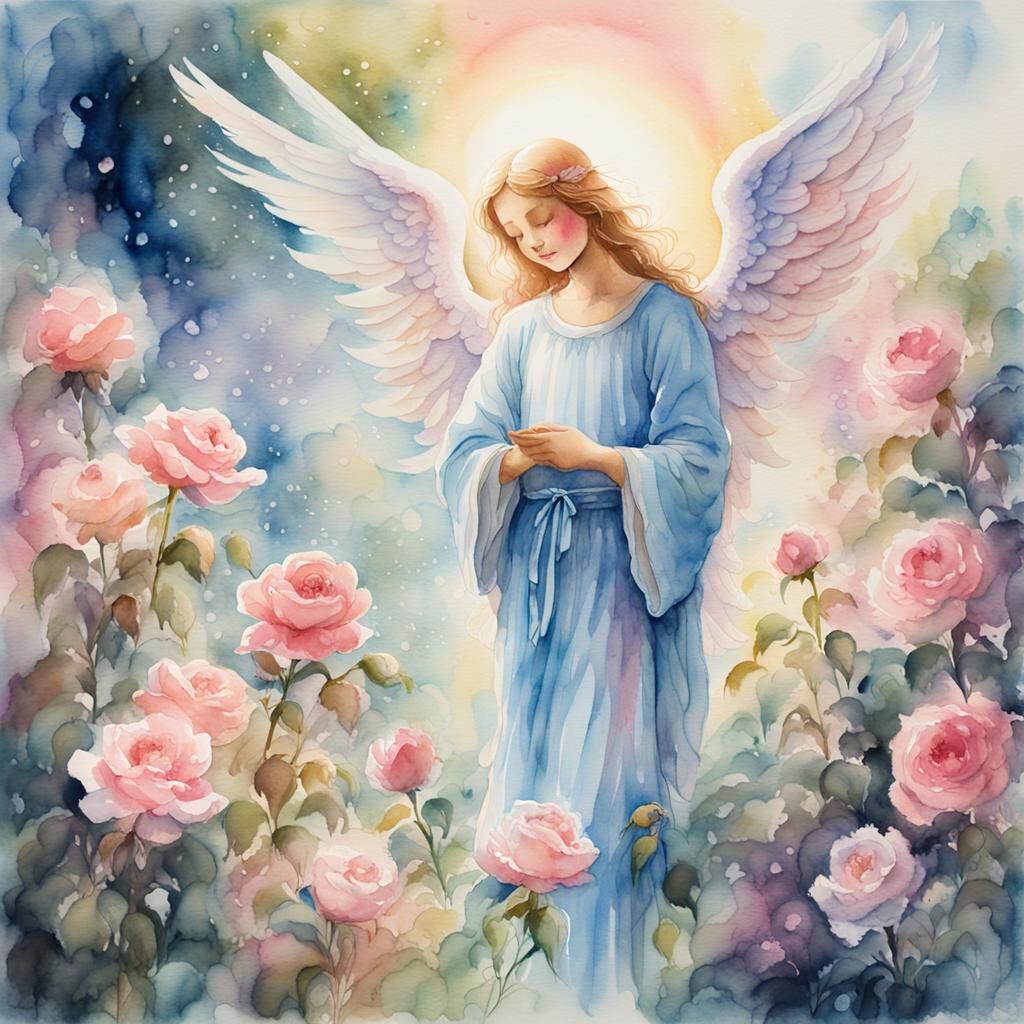 Heavenly Angel in Rose Garden Watercolor