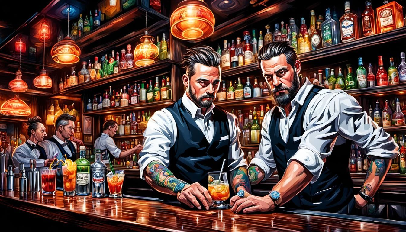 Dynamic illustrations featuring bartenders crafting signatur...