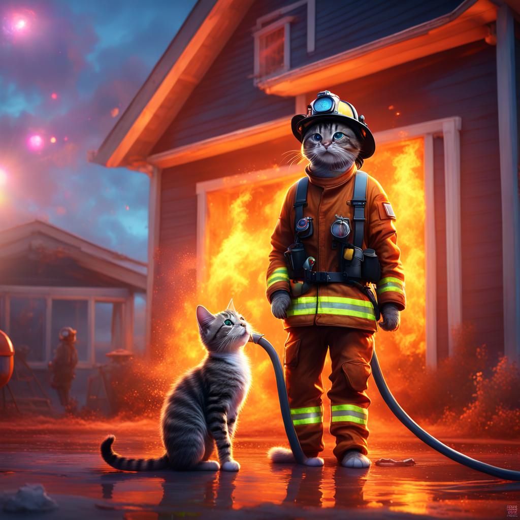 Firefighter Kitten Saves Beach House, Digital Art