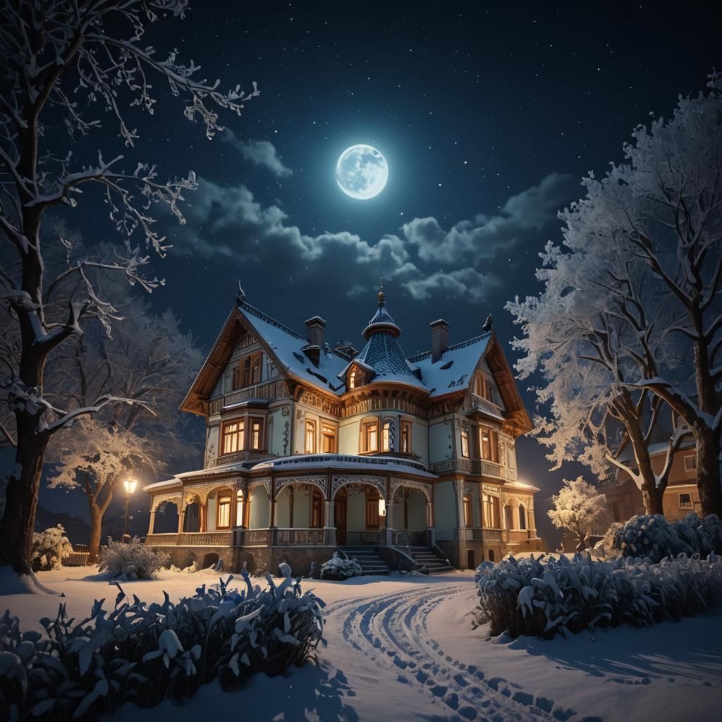 Snowy Bulgarian Revival House in 3D Game Style