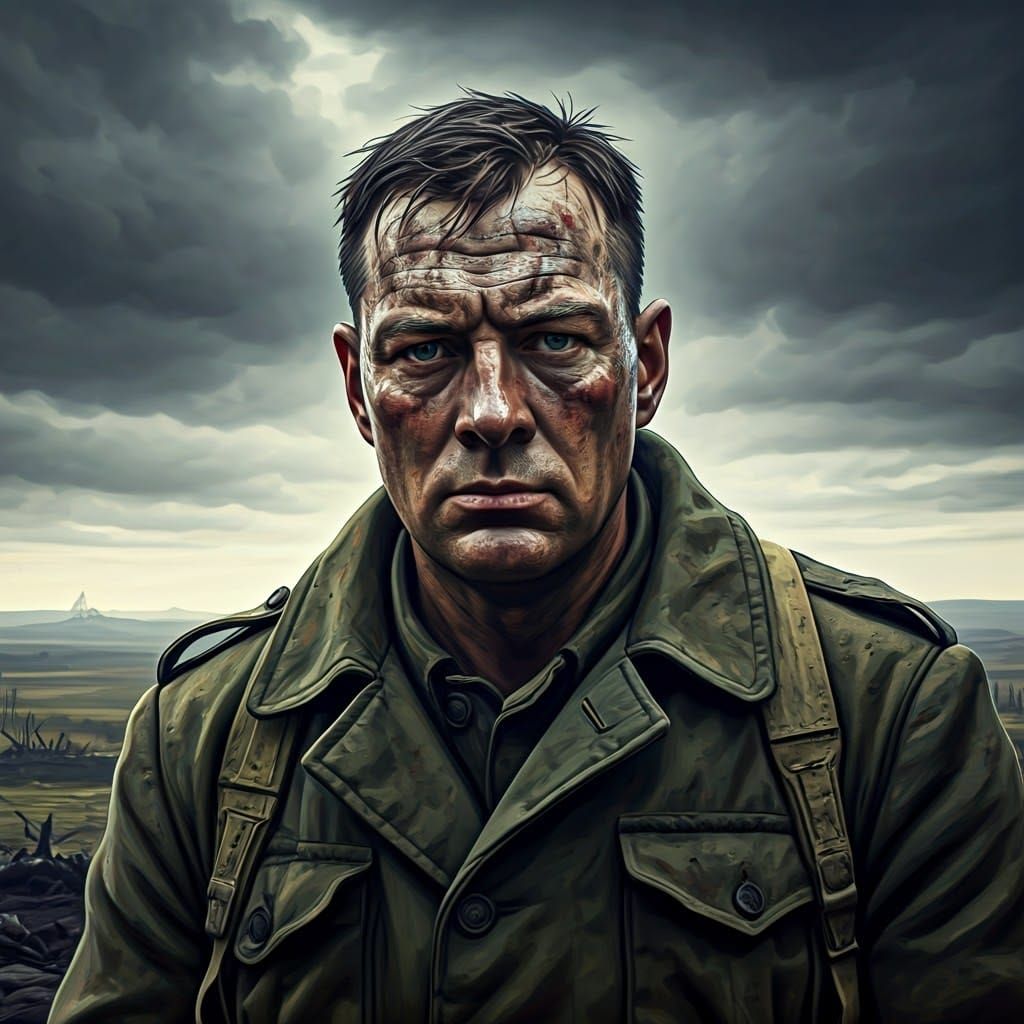 War-Torn Soldier in Solemn Mood