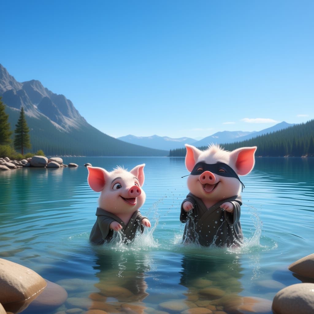 Pigs Playing in Lake Tahoe Waters