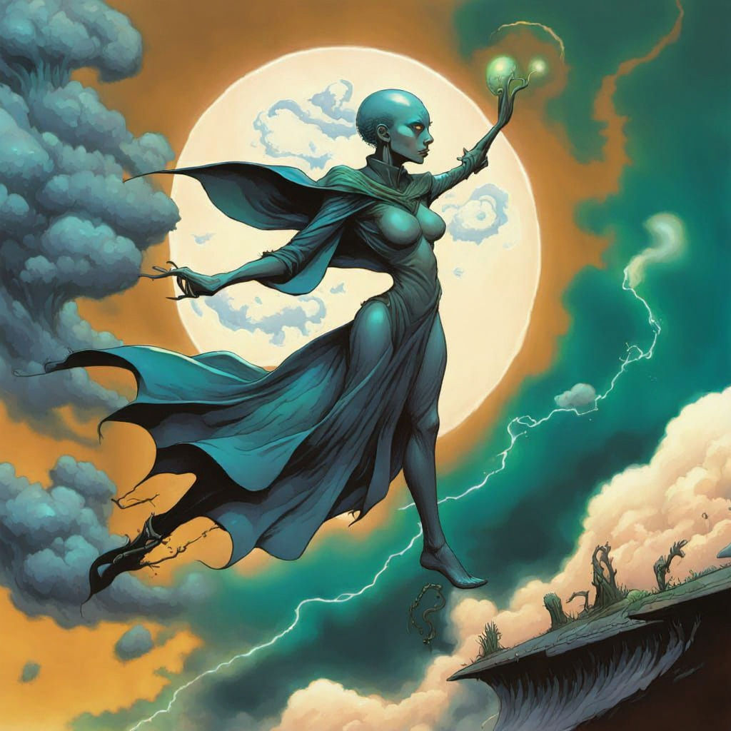 Eldritch Mage Conjuring Storm, Moebius Style