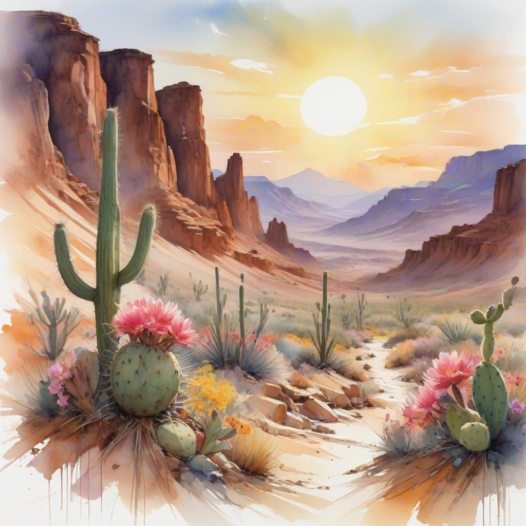 Poetic Desert Canyon at Sunrise with Soaring Eagles and Bloo...