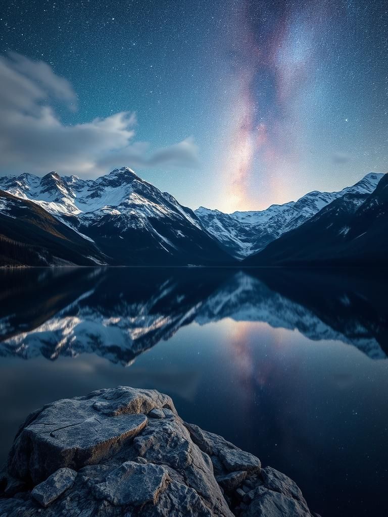 Tranquil Mountain Lake Reflecting Starry Night Sky
