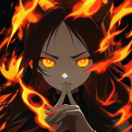 Anime Girl with Devil Horns Holding Fire