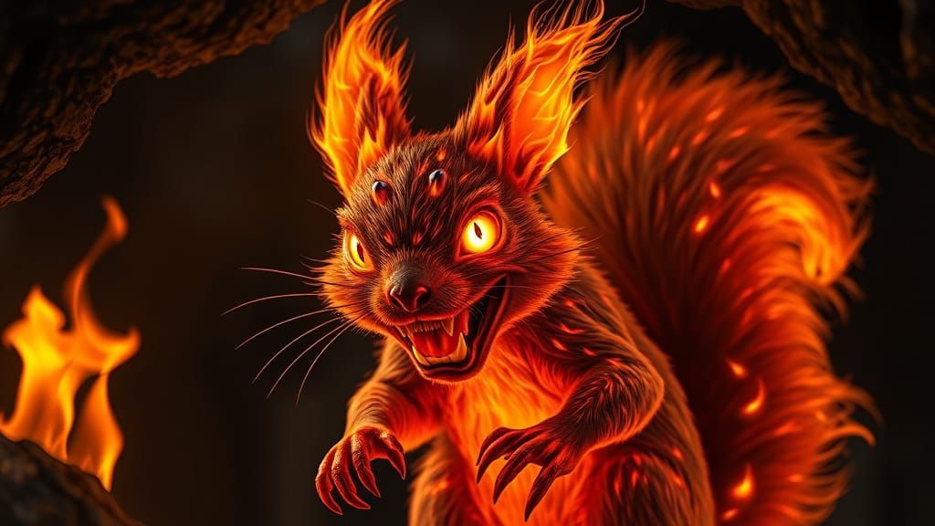 Fiery Demonic Squirrel in Dark Cave