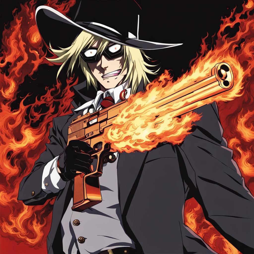 Anime Character with Flaming Gun
