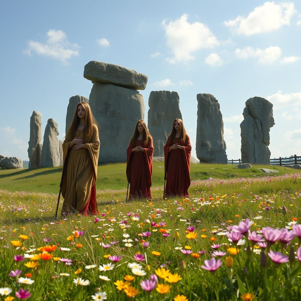 Ancient Goddesses Welcome Spring in a Vibrant Floral Landsca...
