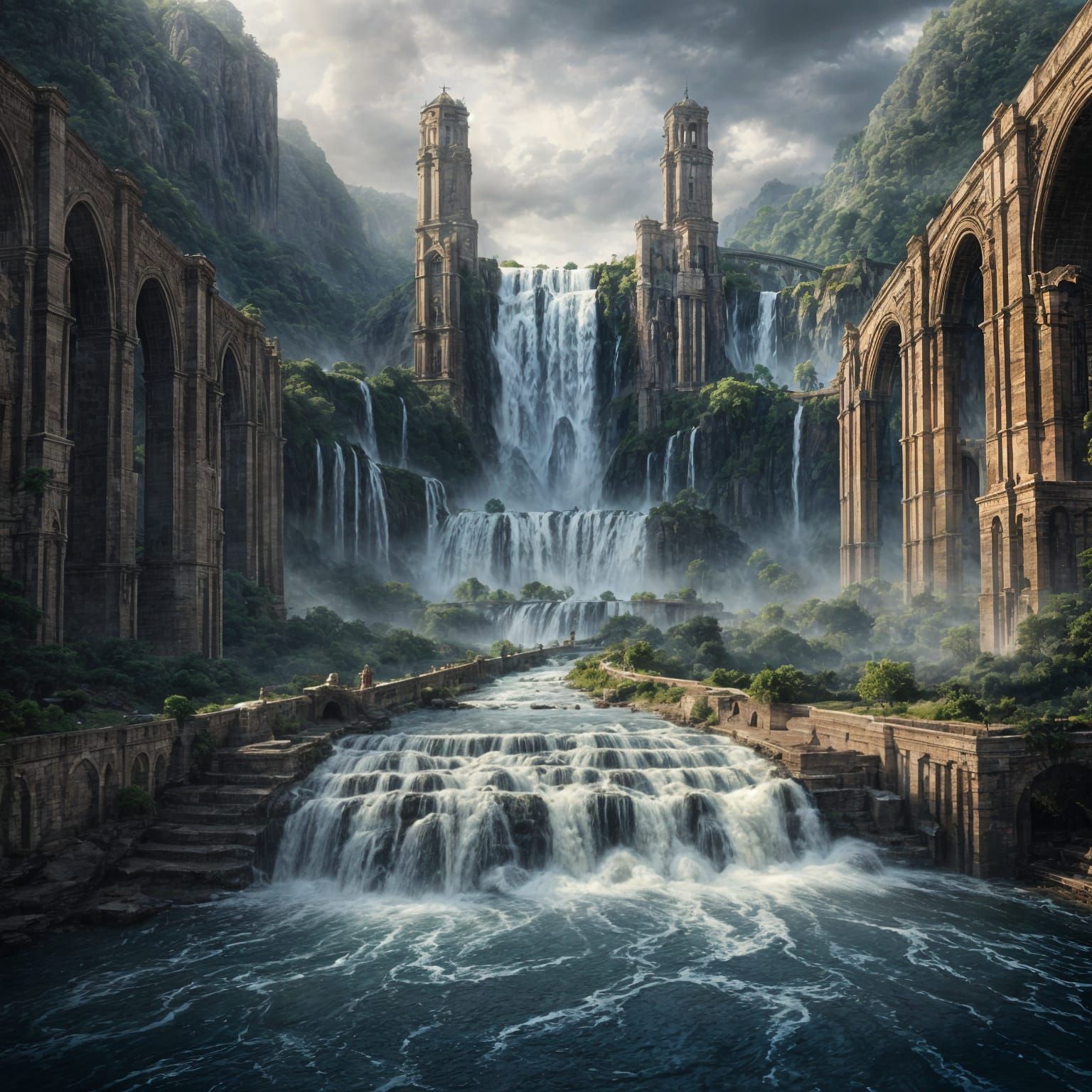 Waterfalls Flowing from Fractured Aqueducts: Digital Matte P...