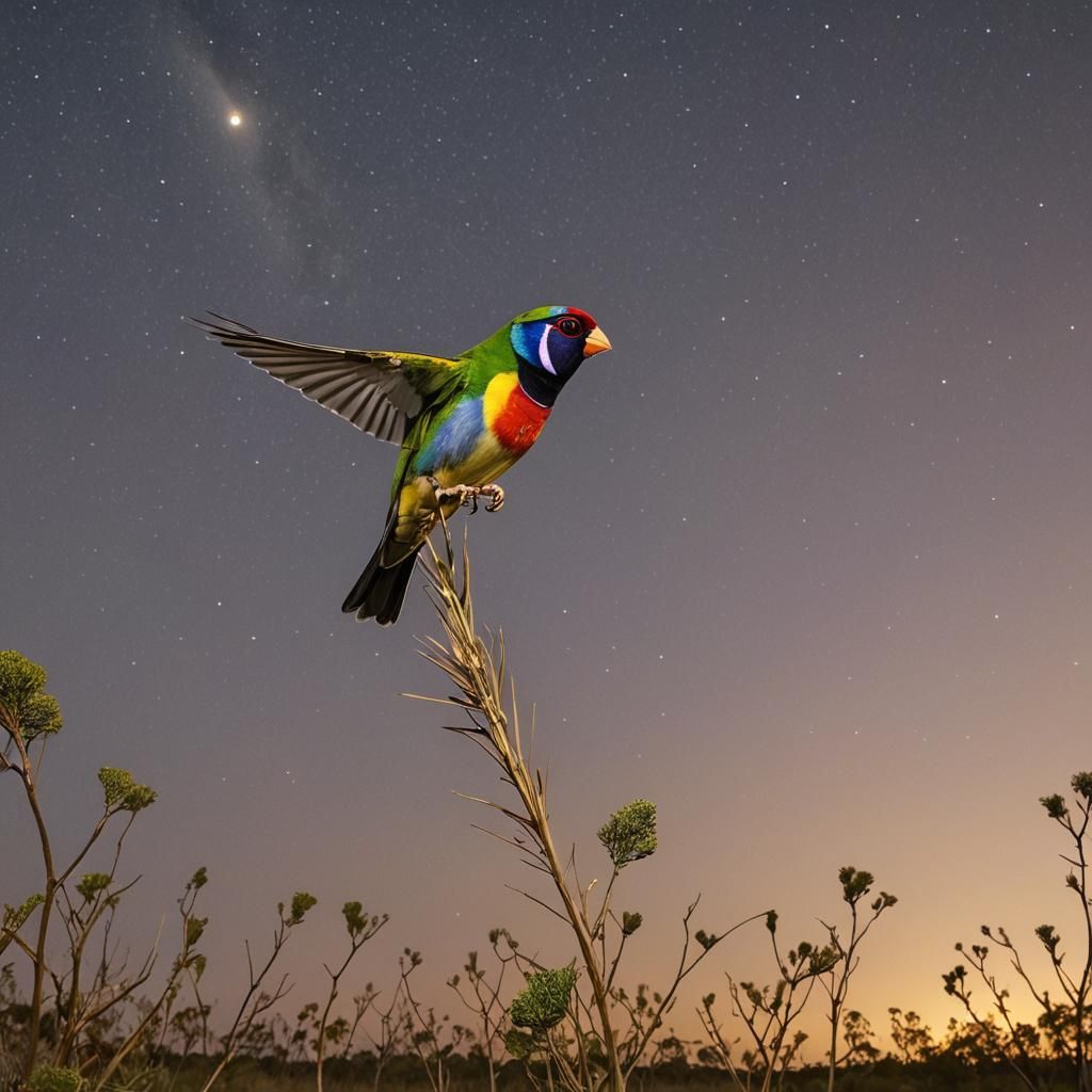 Gouldian Finch Flies Over Outback in Moonlight