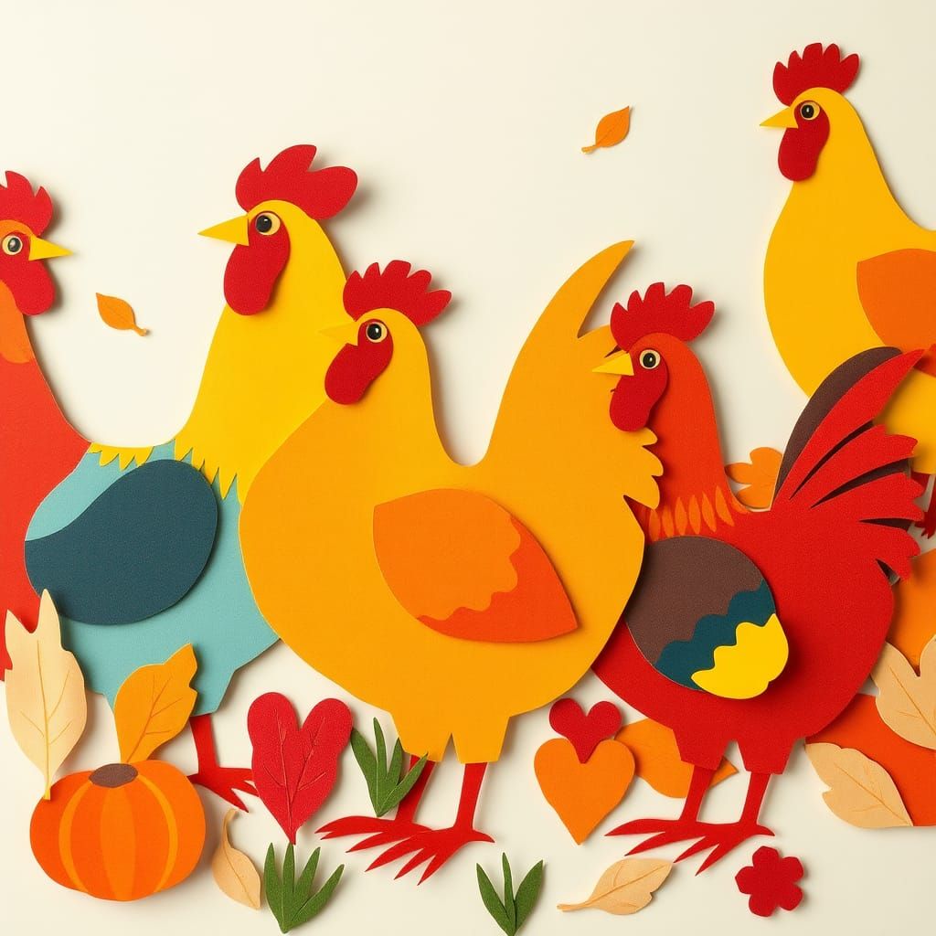 Whimsical Chicken Collage in Fall Colors