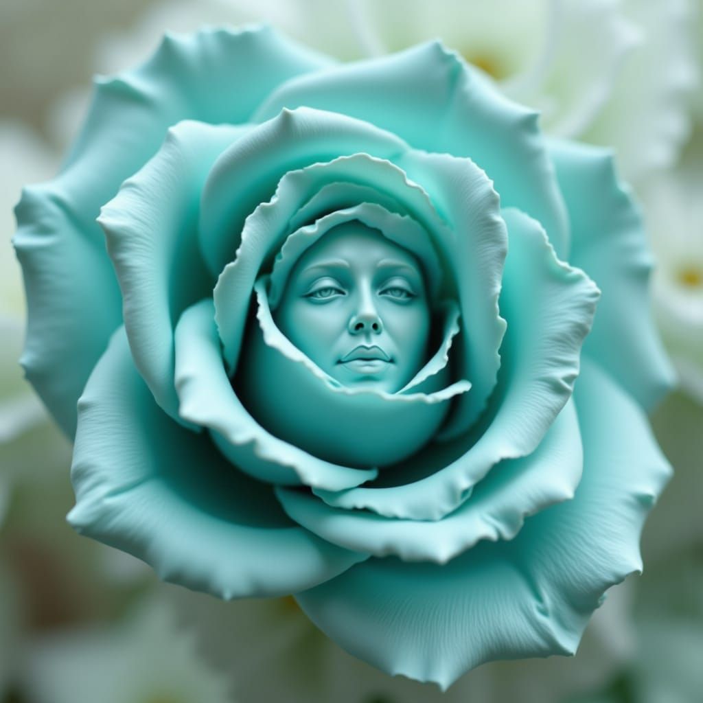 Aqua Rose Sculpture with Embossed Face