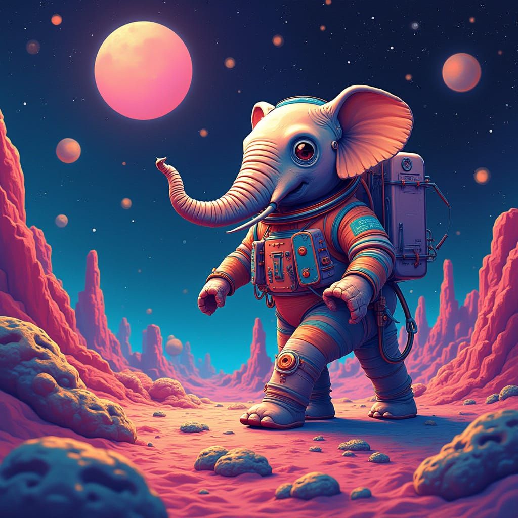 Elephant Astronaut in Neon Galaxy: A Digital Painting