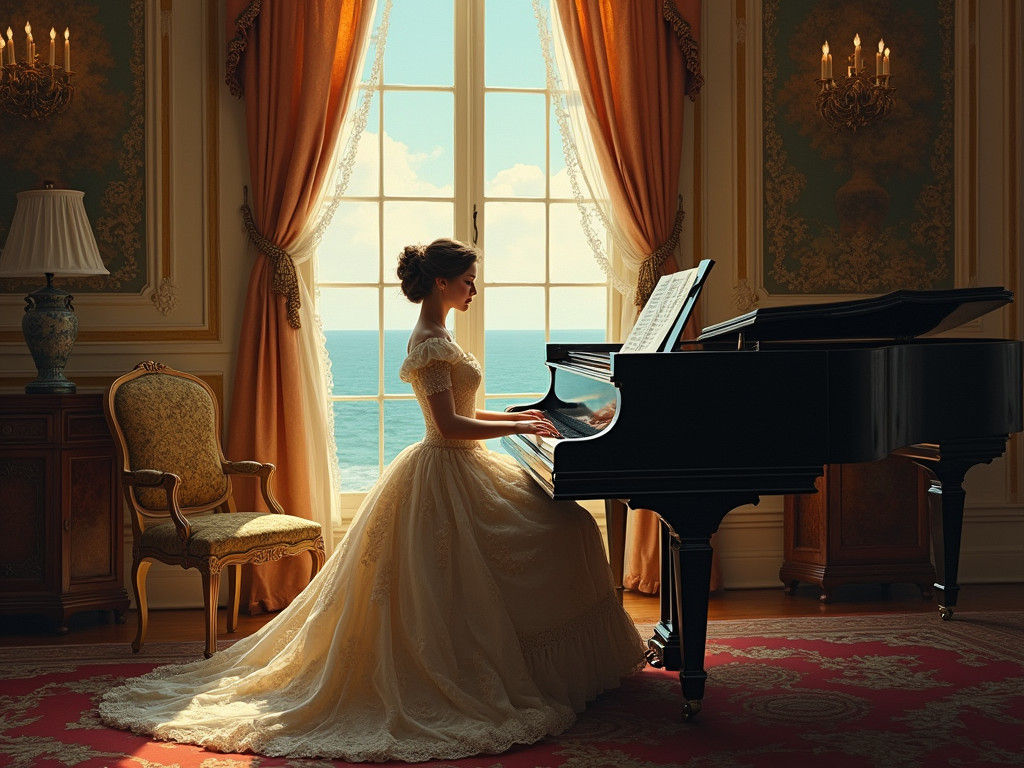 Victorian Woman Playing Piano in Opulent Palace