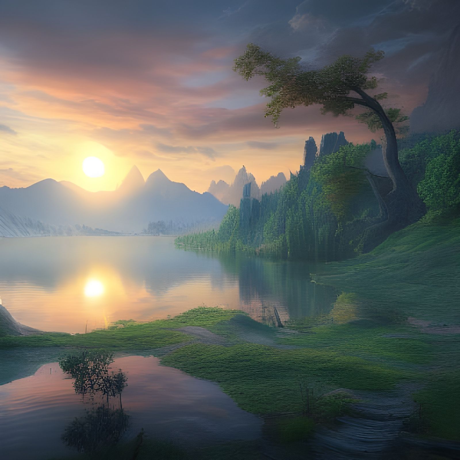 Lake Sunrise in Detailed Matte Painting Style