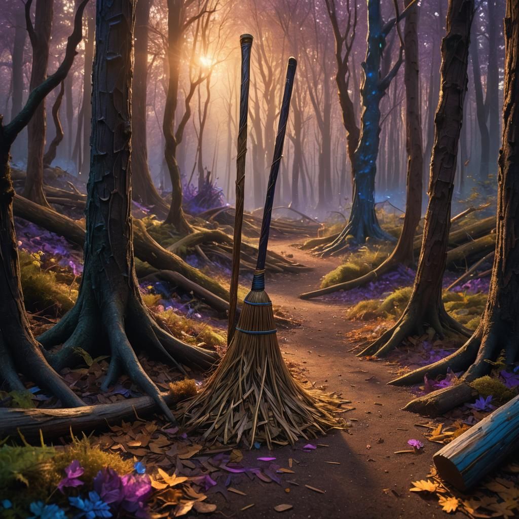 Mystical Forest: Broom Surrounded by Swirling Wood Chips