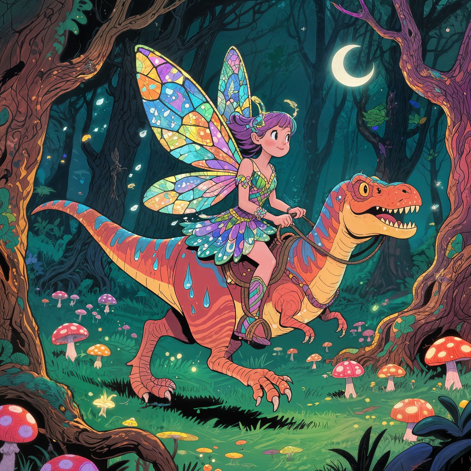 Fairy Riding Velociraptor in Enchanted Forest, Cel-Shaded St...
