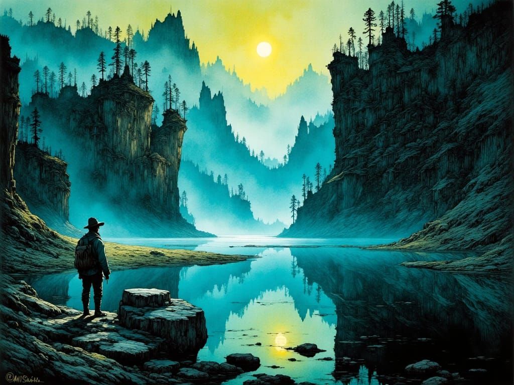 Lonely Explorer at Basalt Lake: Dark Fantasy