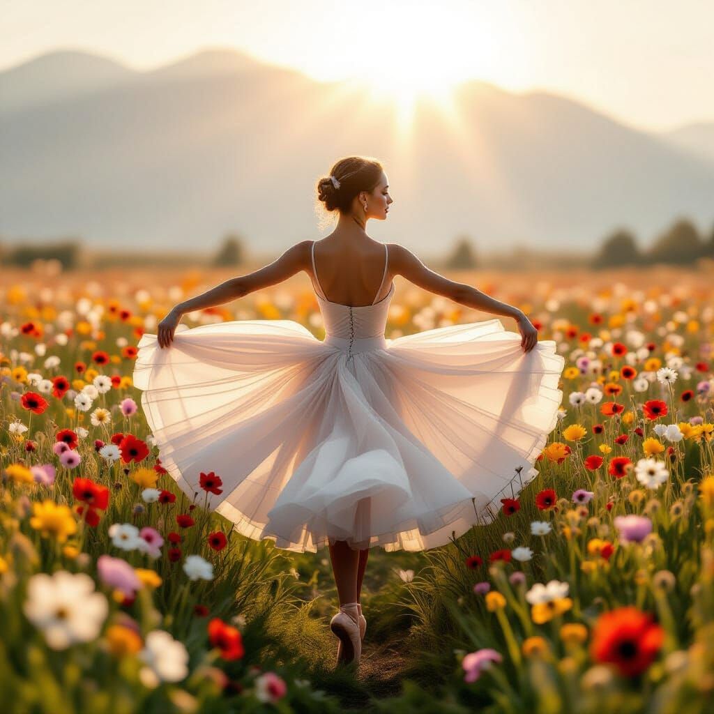 Ballerina Dancing in Flower Field: Ultra-Realistic Image