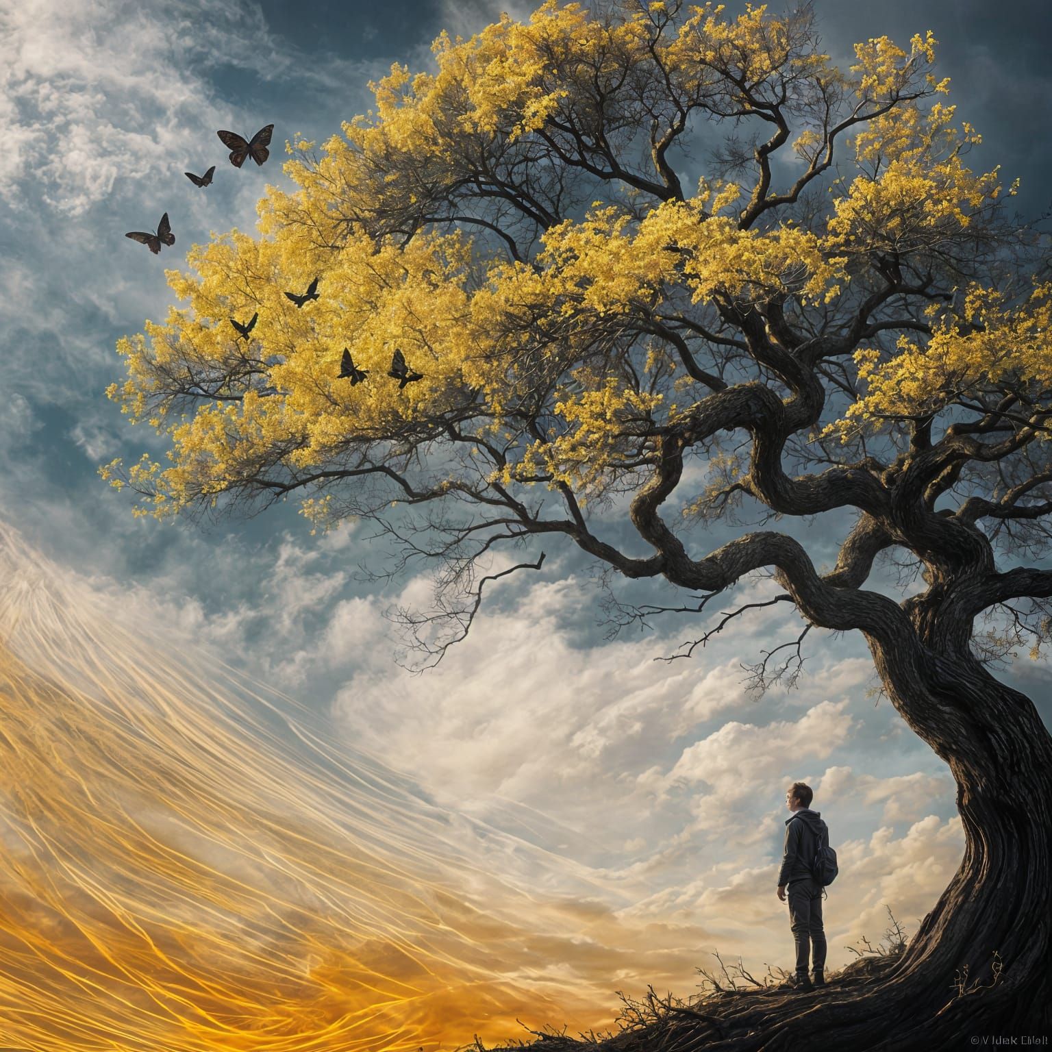 Celestial Tree Silhouette with Golden Butterflies