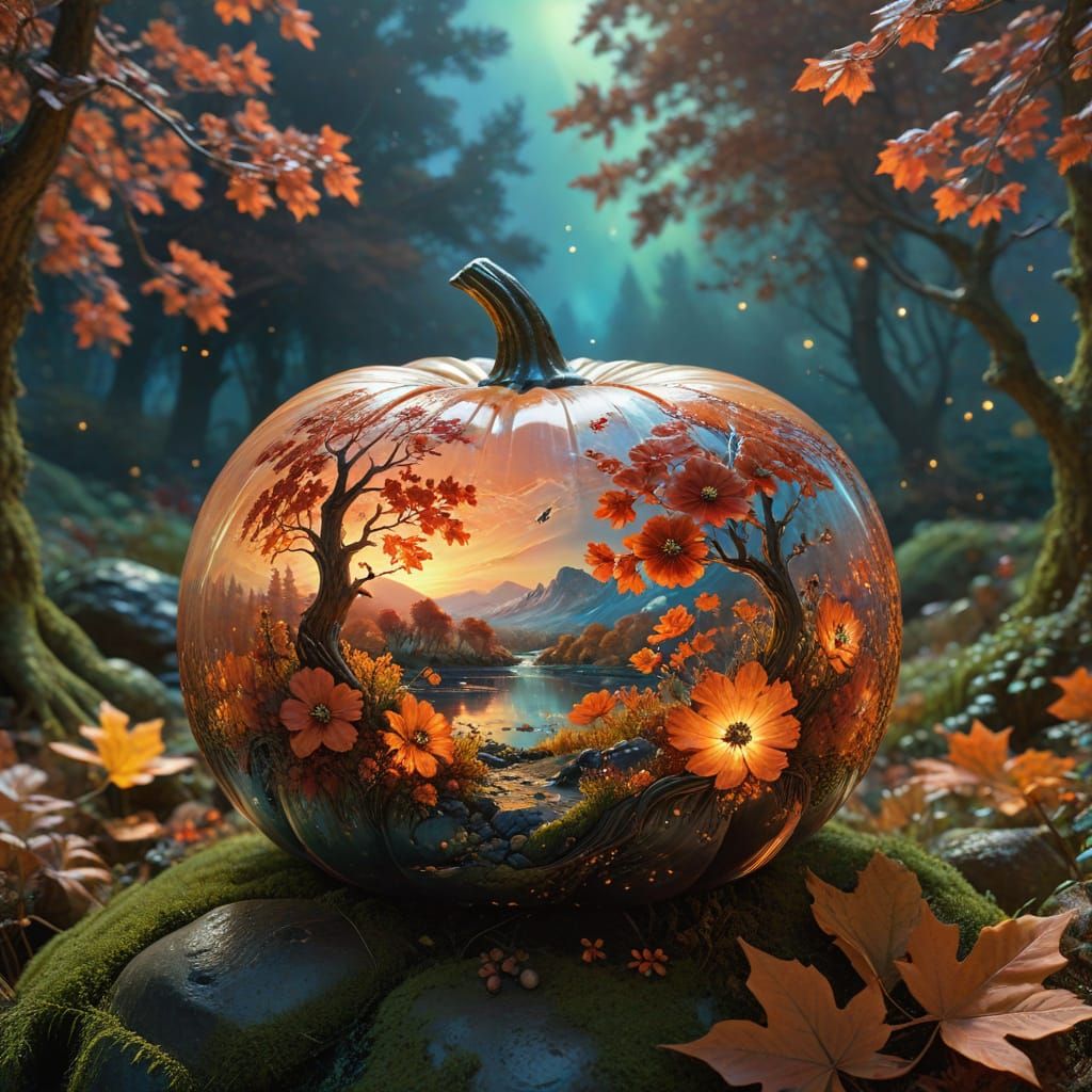 Iridescent Autumn Pumpkin with Forest Scene