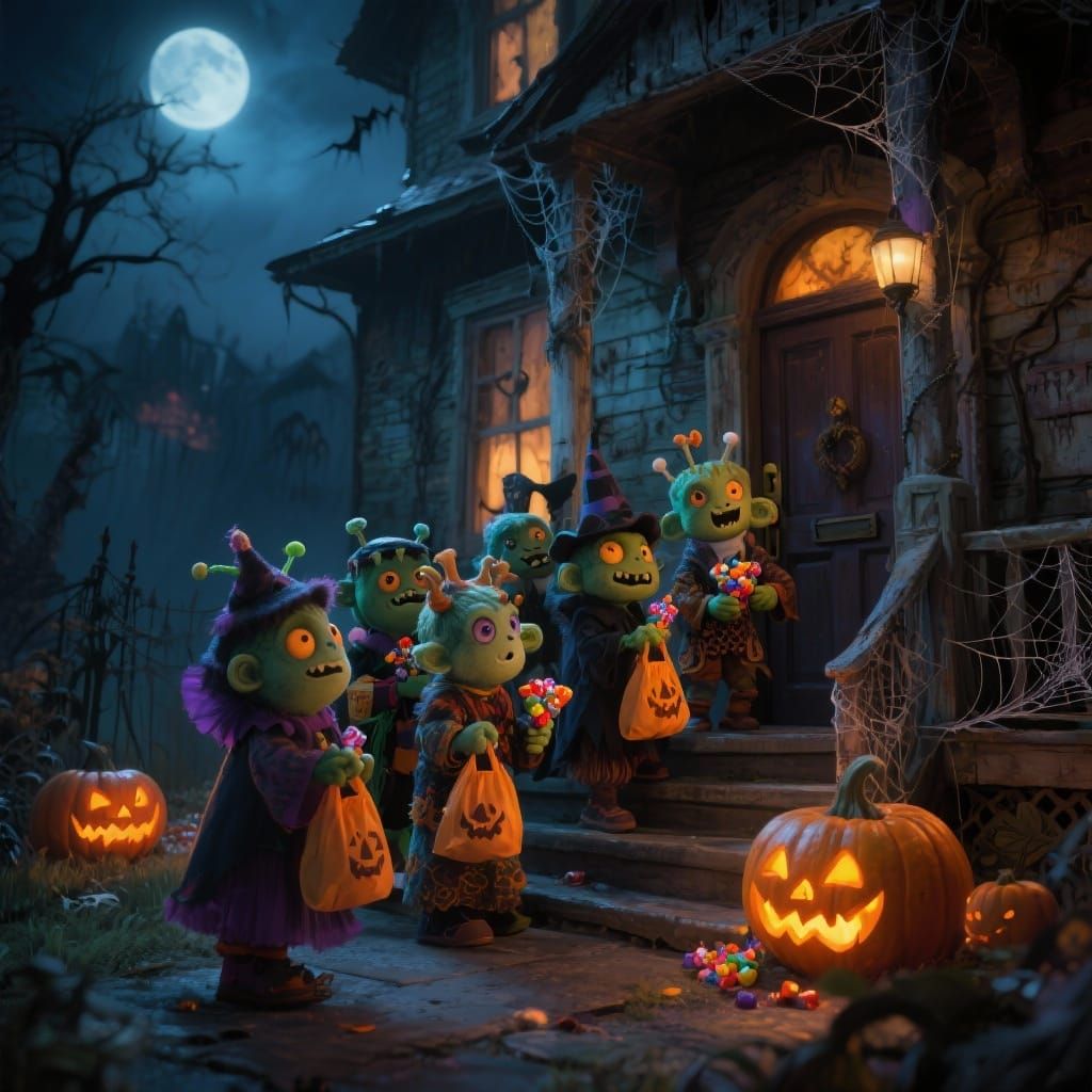 Adorable Monsters Trick-or-Treating at Haunted House