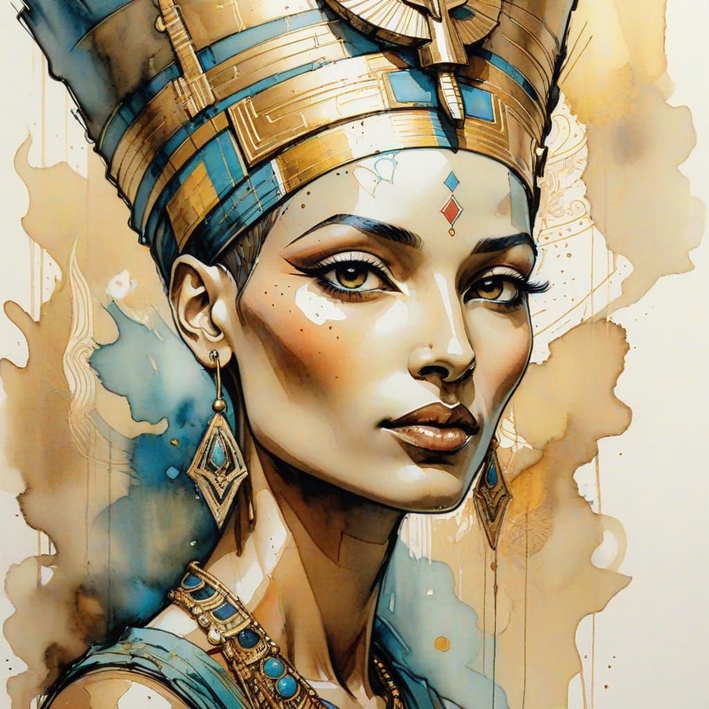Dreamy Watercolor Portrait of Nefertiti