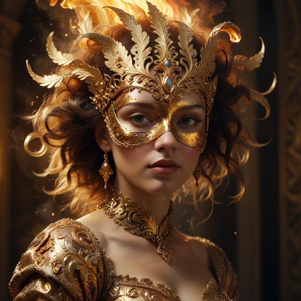 Mysterious Woman in Golden Baroque Mask Amidst Dramatic Heat...