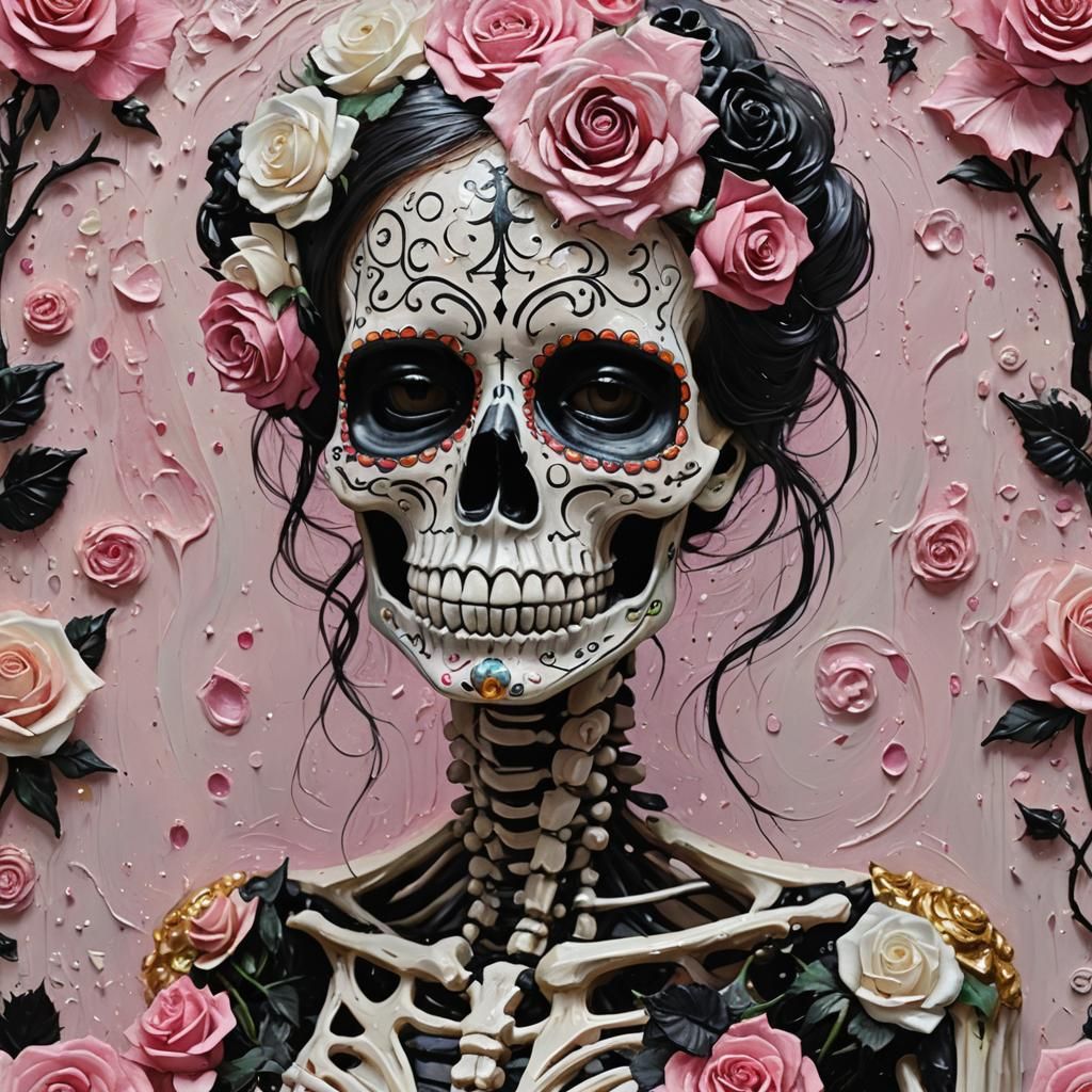 Sugar Skull with Roses, Impasto Oil Painting