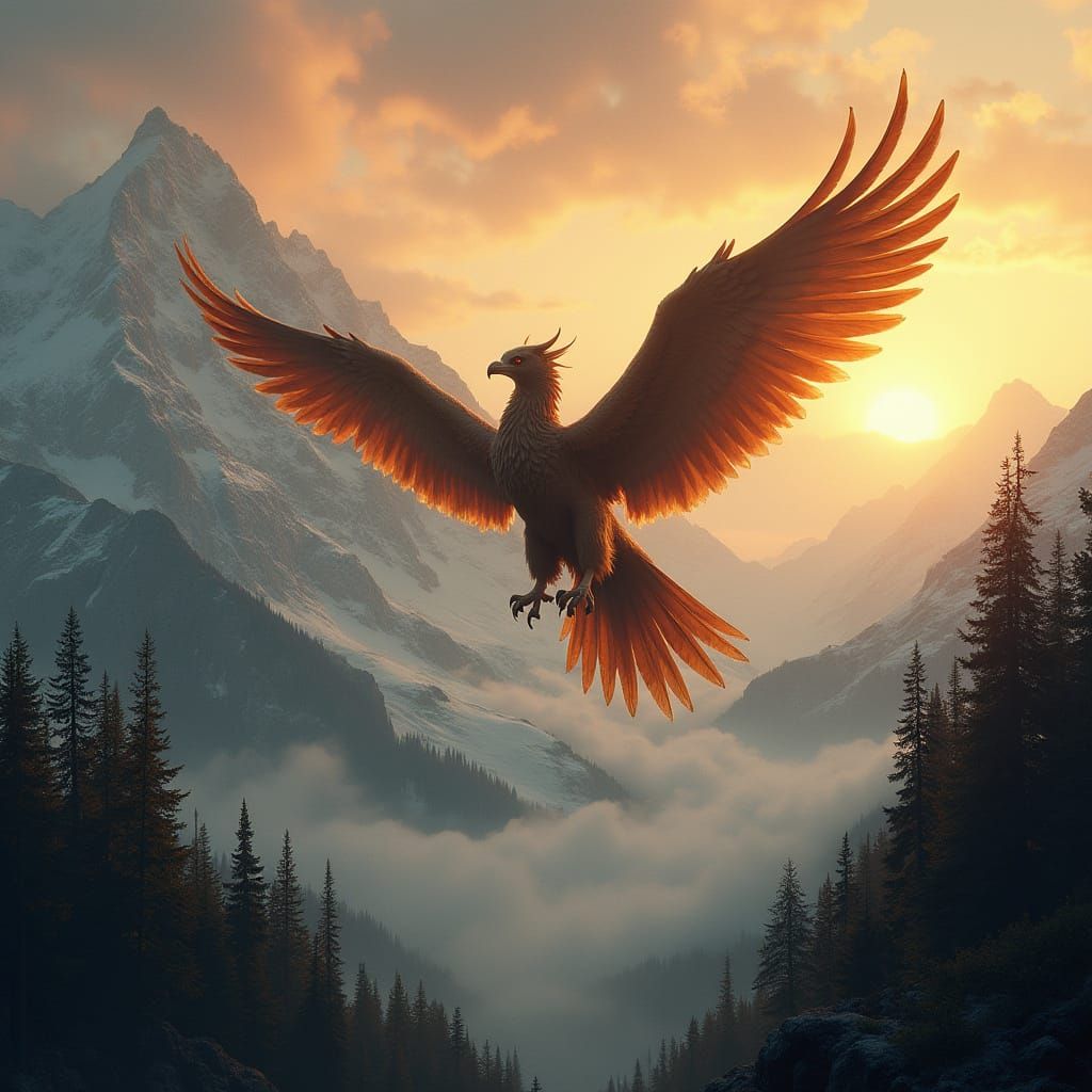 Griffin Soaring Over Mountains at Sunset in Oil Painting Sty...