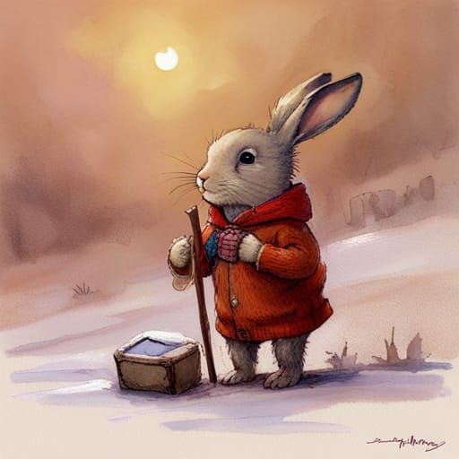 Rabbit Adventurer in Winter, Anthropomorphic Illustration