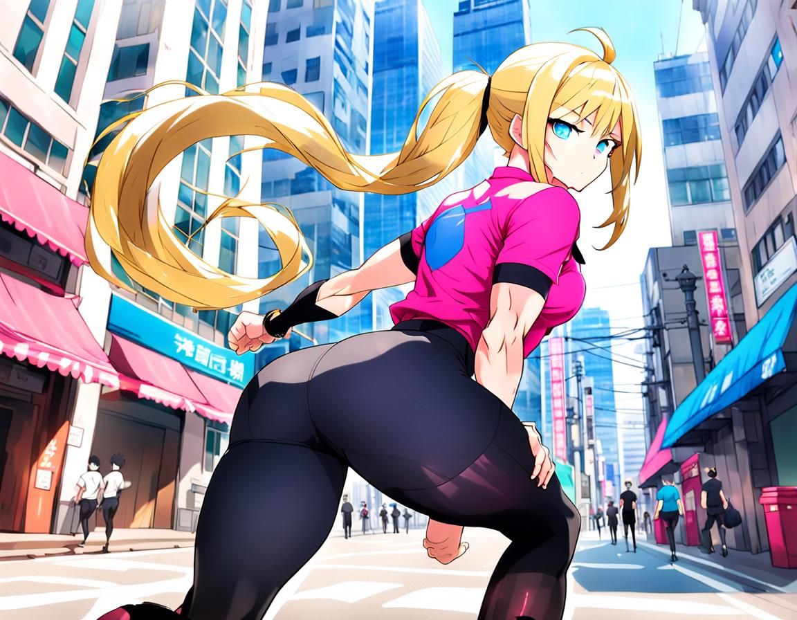 Anime Style Muscular Woman Posing Downtown