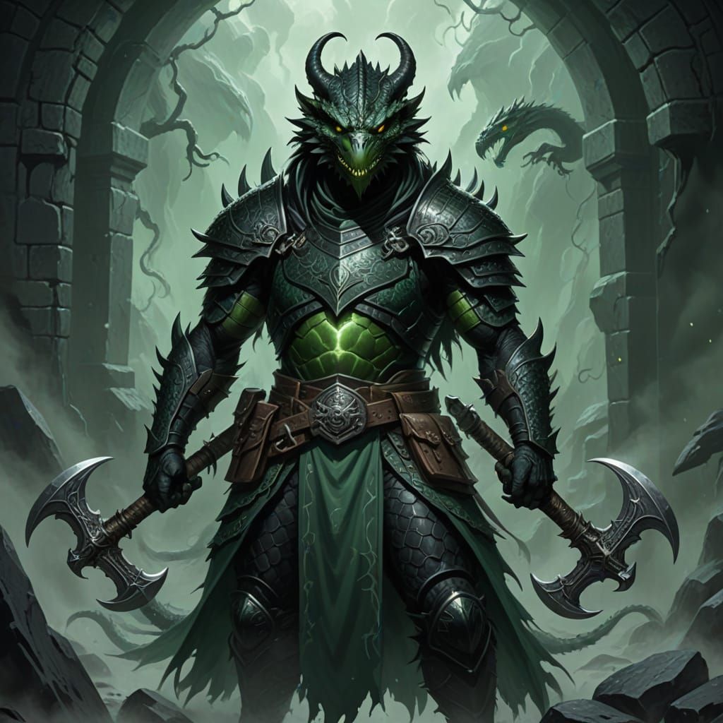 Dragonborn Warrior with Dual Axes in Dungeon Setting