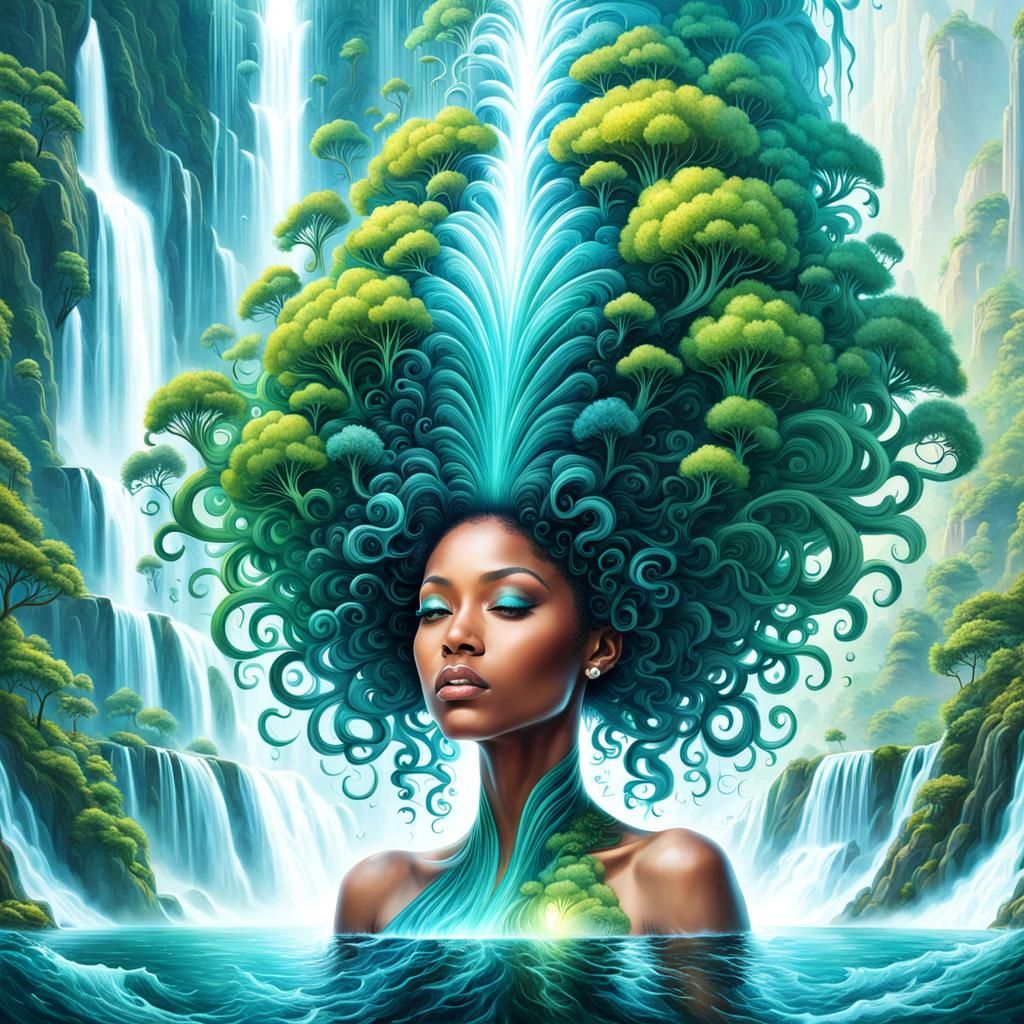 Waterfall Woman: Psychedelic Brain City Concept Art