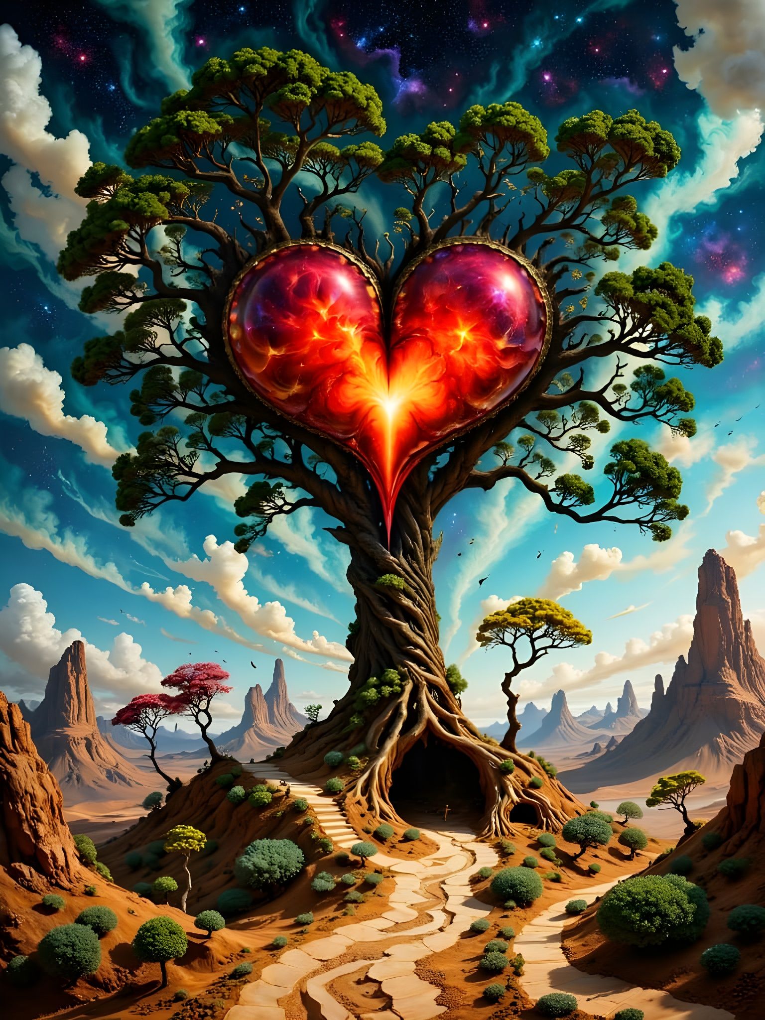 Surreal Landscape with Vibrant Heart Tree